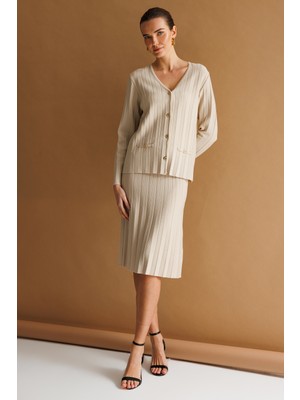 Desen Triko Kadın V Yaka Pileli Araboy Ince Triko Ceket Bej