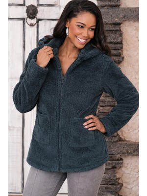 Gacha Kadın Uzun Kollu Kapşonlu Önden Fermuarlı Cepli Welsoft Ceket