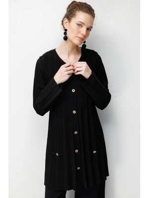 Desen Triko Kadın Sıfır Yaka Pileli Uzun Triko Ceket Siyah