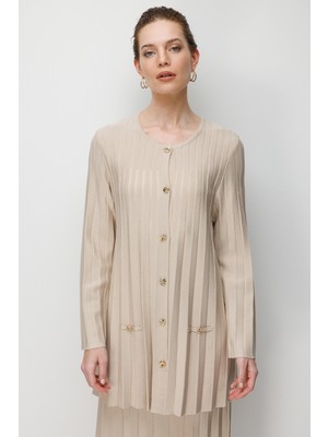 Desen Triko Kadın Sıfır Yaka Pileli Uzun Triko Ceket Bej