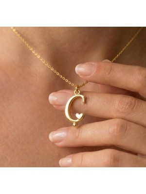 Ashak Accessories Kadın 925 Ayar Gümüş Zincirli Ç Harfi Kalpli Baş Harfli Kalp Harf Alfabe Isim Kolye