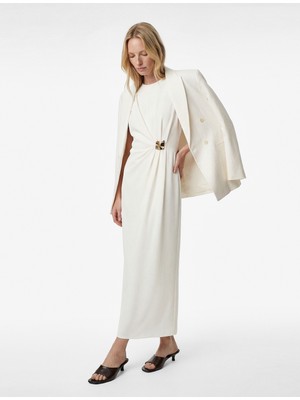 Koton Krep Kumaş Slim Fit Aksesuarlı Kolsuz Bisiklet Yaka Midi Boy Drapeli Elbise