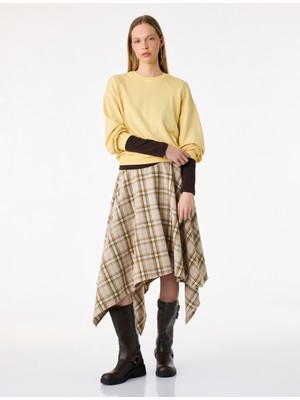 Koton Asimetrik Kesim Ekoseli Midi Etek