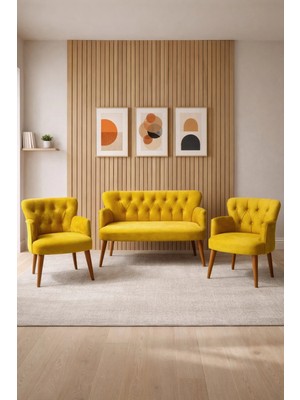 Azra Mobilya Babyface Kumaş Modern Çay Seti Koltuk Takımı 2+1+1 – Ahşap Ceviz Ayak Sarı