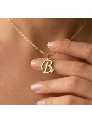Ashak Accessories Kadın 925 Ayar Gümüş Zincirli B Harfi Kalpli Baş Harfli Kalp Harf Alfabe Isim Kolye