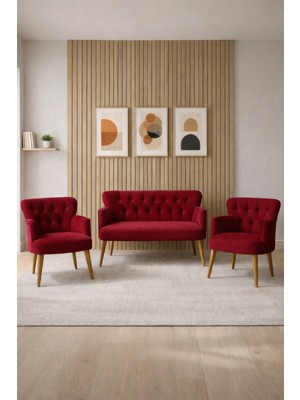 Azra Mobilya Babyface Kumaş Modern Çay Seti Koltuk Takımı 2+1+1 – Ahşap Ceviz Ayak Bordo