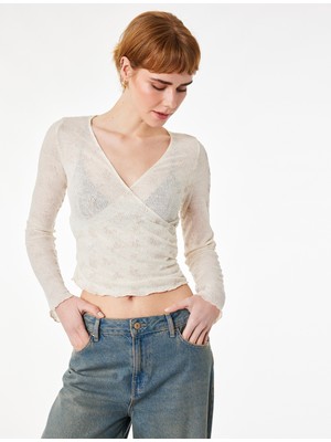 Koton Çiçekli Kruvaze Yaka Slim Fit Uzun Kollu Tişört