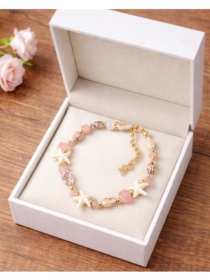 Sufi Tesbih Esans Ve Hediyelik Doğal Pembe Kuvars Taşlı Deniz Yıldızı Bileklik Altın Ton Detaylı El Yapımı Zarif Tasarım Kadın Bileklik Hediyelik