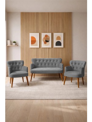 Azra Mobilya Babyface Kumaş Modern Çay Seti Koltuk Takımı 2+1+1 – Ahşap Ceviz Ayak Gri