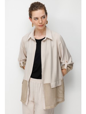 Desen Triko Kadın Eteği ve Kol Ucu Fileli Yazlık Ceket Bej