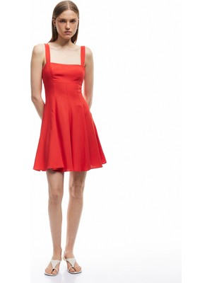 Koton Viskon Keten Karışımlı Kare Yaka Kolsuz A Kesim Askılı Mini Elbise