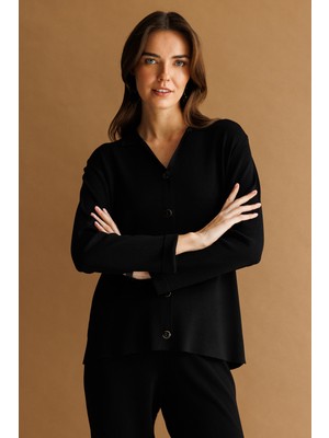 Desen Triko Kadın Polo Yaka Uzun Kollu Ince Triko Ceket Siyah