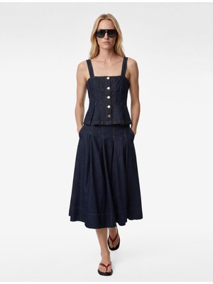 Koton Pamuklu Rahat Kalıp Pileli Midi Denim Etek