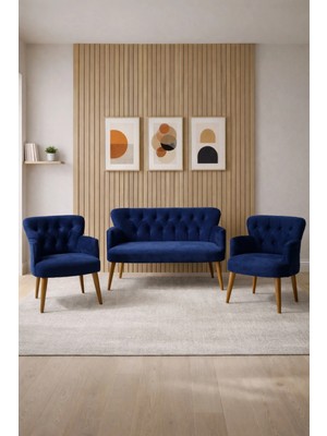 Azra Mobilya Babyface Kumaş Modern Çay Seti Koltuk Takımı 2+1+1 – Ahşap Ceviz Ayak Lacivert