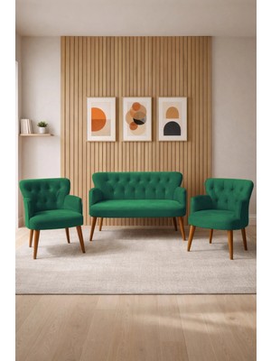 Azra Mobilya Babyface Kumaş Modern Çay Seti Koltuk Takımı 2+1+1 – Ahşap Ceviz Ayak Yeşil