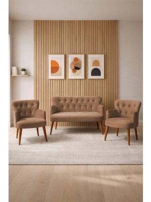 Azra Mobilya Babyface Kumaş Modern Çay Seti Koltuk Takımı 2+1+1 – Ahşap Ceviz Ayak Kahverengi