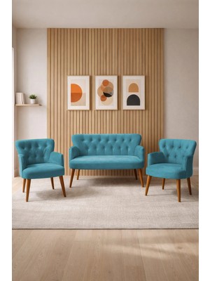 Azra Mobilya Babyface Kumaş Modern Çay Seti Koltuk Takımı 2+1+1 – Ahşap Ceviz Ayak Petrol