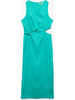 Koton Pencere Detaylı Kolsuz Bisiklet Yaka Drepeli Viskon Keten Karışımlı Elbise