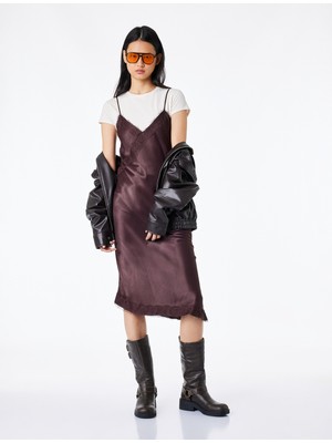 Koton Ip Askılı Asimetrik Dantel Detaylı Saten Elbise