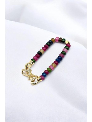 Nish&Chic Fiyonk Charmlı ve Renkli Taşlı El Yapımı Bileklik