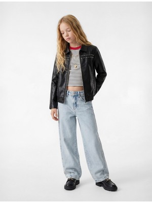 Koton Fermuarlı Zımba Detaylı Uzun Kollu Suni Deri Ceket