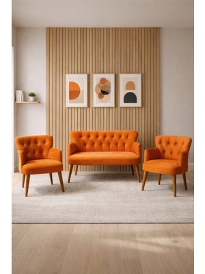 Azra Mobilya Babyface Kumaş Modern Çay Seti Koltuk Takımı 2+1+1 – Ahşap Ceviz Ayak Bakır