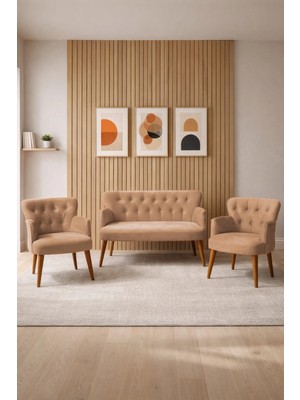 Azra Mobilya Babyface Kumaş Modern Çay Seti Koltuk Takımı 2+1+1 – Ahşap Ceviz Ayak Cappucino Bej