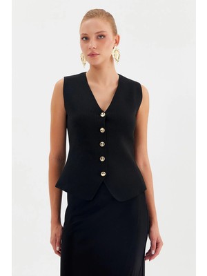 Nish&Chic V Yaka Gold Düğmeli Yelek