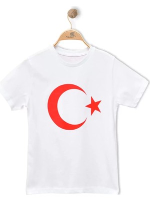 Alme TÜRK BAYRAK BASKILI AY YILDIZLI BEYAZ ÇOCUK TİŞÖRT %100 Pamuk (Bir Beden Büyük Önerilir )