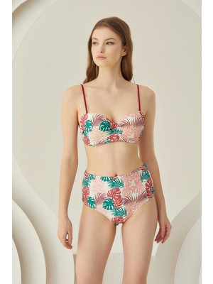 NBB Renkli Soft Tropikal Straplez Yüksek Bel Bikini Takımı 51644