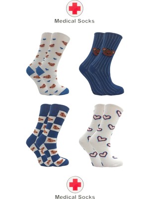 Kardeşler Çorap Kadın Diyabetik Lastiksiz Şeker Çorabı Sıkmayan Pamuklu Desenli Soket Çorap Çok Renkli 4'lü Paket