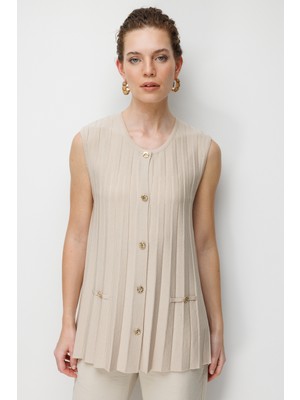 Desen Triko Kadın Sıfır Yaka Pileli Uzun Ince Triko Yelek Bej