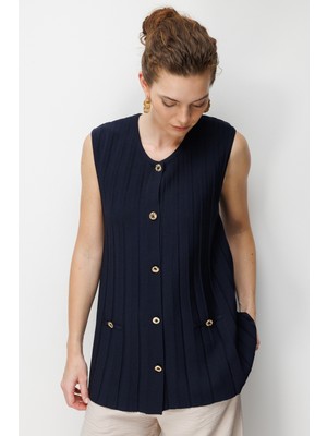 Desen Triko Kadın Sıfır Yaka Pileli Uzun Ince Triko Yelek K.lacivert