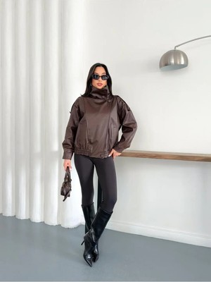 My Lunessa Zra Boğazlı Kahverengi Düğmeli Oversize Suni Deri Ceket