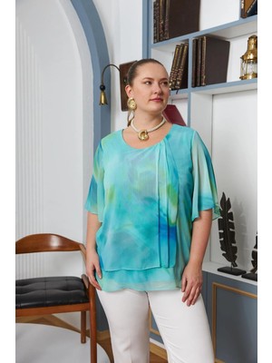 Rmg Batik Desenli Pileli Büyük Beden Şifon Bluz Yeşil