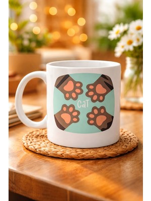 Youday Accessories Kedi Patili Sevimli Tasarım Porselen Kupa Model 71 – Cat Yazılı, Kahve &amp; Çay Kupası – Hayvanseverlere Özel Hediye