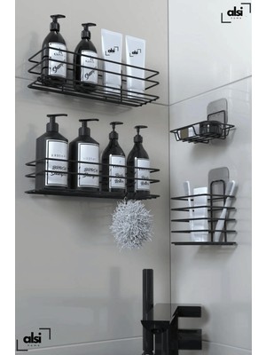 Paslanmaz Yapışkanlı Siyah Metal Banyo Rafı 4'lü Set Duş Rafı Şampuanlık Sabunluk Diş Fırçalık Rafı