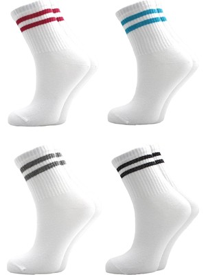 Kardeşler Çorap Kadın Renkli Çizgili Beyaz Soket Tenis Çorap Kolej 4'lü Paket