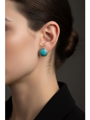 By Barun Yuvarlak Gümüş Küpe Firuze Taşlı 925 Ayar Kadın