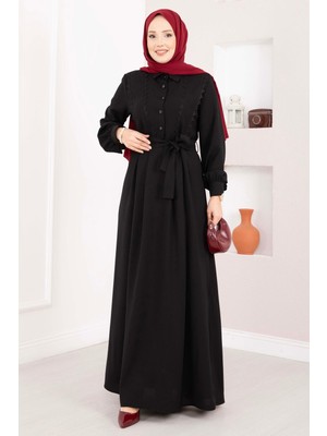 Asm Fisto Detaylı Kuşaklı Tesettür Elbise Siyah