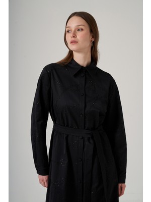 Nuss Önü Düğmeli Pul Detay Kuşaklı Elbise 2044 Siyah