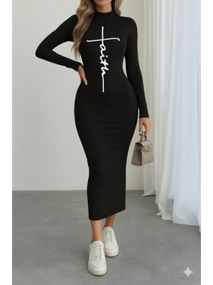 Infivento Kadın Uzun Kollu Boğazlı Baskı Detaylı Viskon Tam Boy Elbise