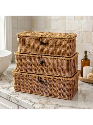 Mien 3’lü Kapaklı Rattan Hasır Sepet Seti - Kilitleme Detaylı Dekoratif Organizer Seti