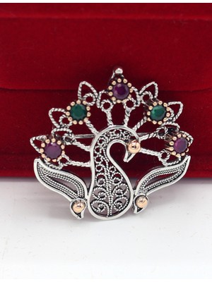 Midyat Nurtaş Gümüş Yakut ve Zümrüt Taşlı Tavus Kuşu Model Telkari Gümüş Kadın Broş 201025409
