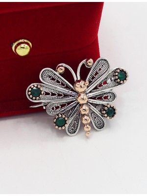 Midyat Nurtaş Gümüş Zümrüt Taşlı Küçük Boy Yusufçuk Model Telkari Gümüş Kadın Broş 201025418