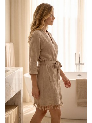 Varol Bej Müslin Kadın Bornoz %100 Pamuk 3/4 Kol Kuşaklı Cepli Spa & Plaj Bornozu Beden M