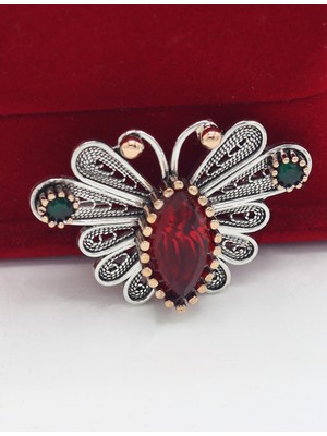 Midyat Nurtaş Gümüş Yakut ve Zümrüt Taşlı Kelebek Model Telkari Gümüş Kadın Broş 201025411