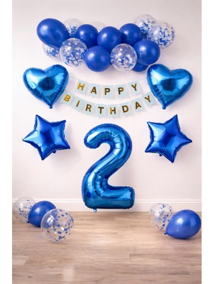 Patladı Gitti 2 Yaş Mavi Konsept Doğum Günü Seti;  Kalp Yıldız Folyo Balon Set