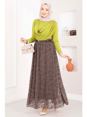 OC Flok Baskılı Astarlı Tül Etek Kahve