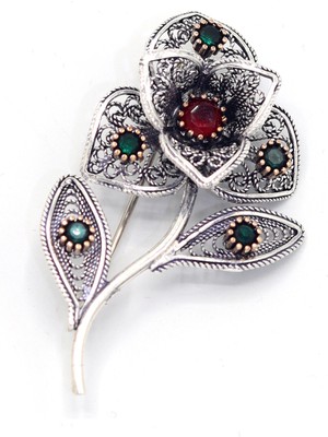 Midyat Nurtaş Gümüş Yakut ve Zümrüt Taşlı Zambak Model Telkari Gümüş Kadın Broş 201025413